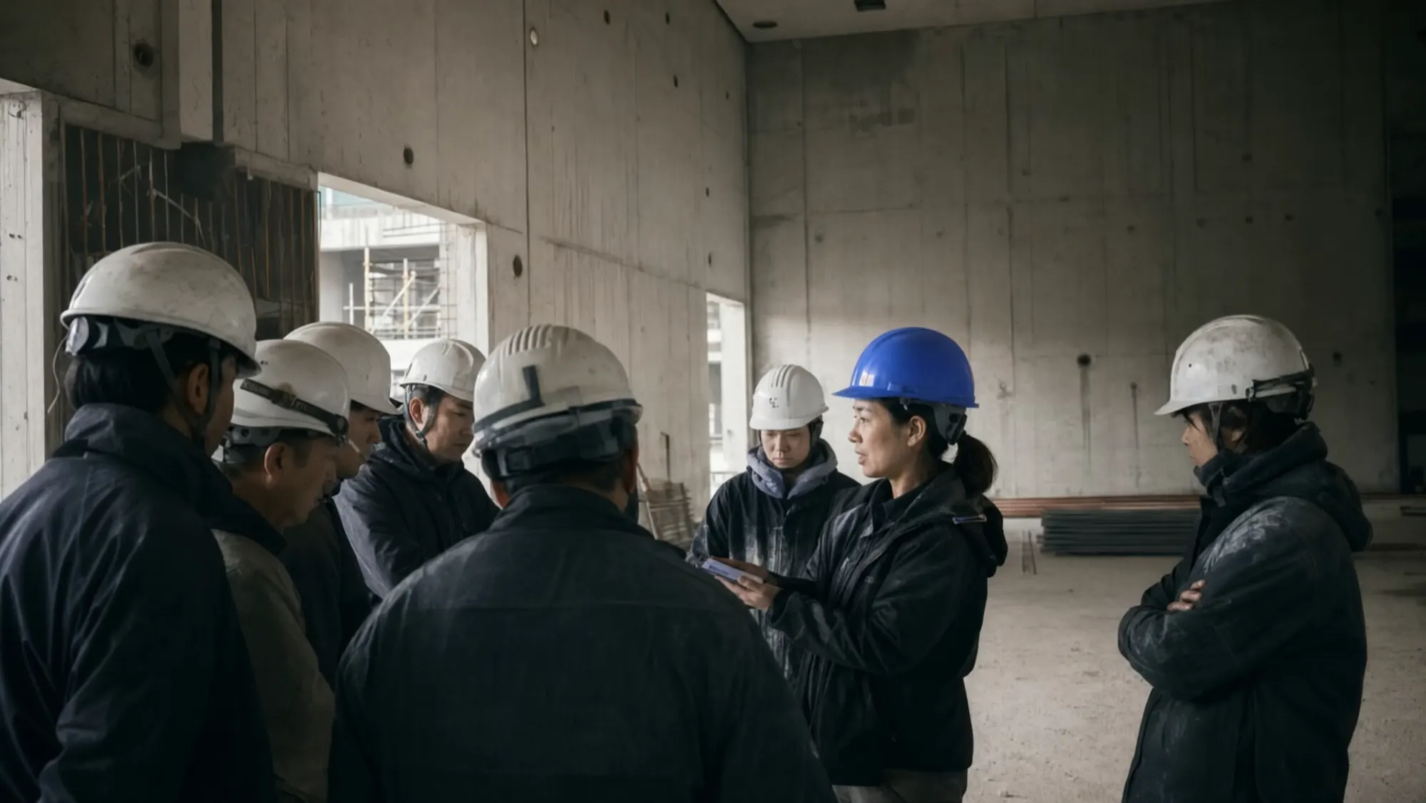 Still from the website film for East Asia: a woman in a blue hard hat talks to a group of workers in white hard hats inside a concrete shell building, holding a phone